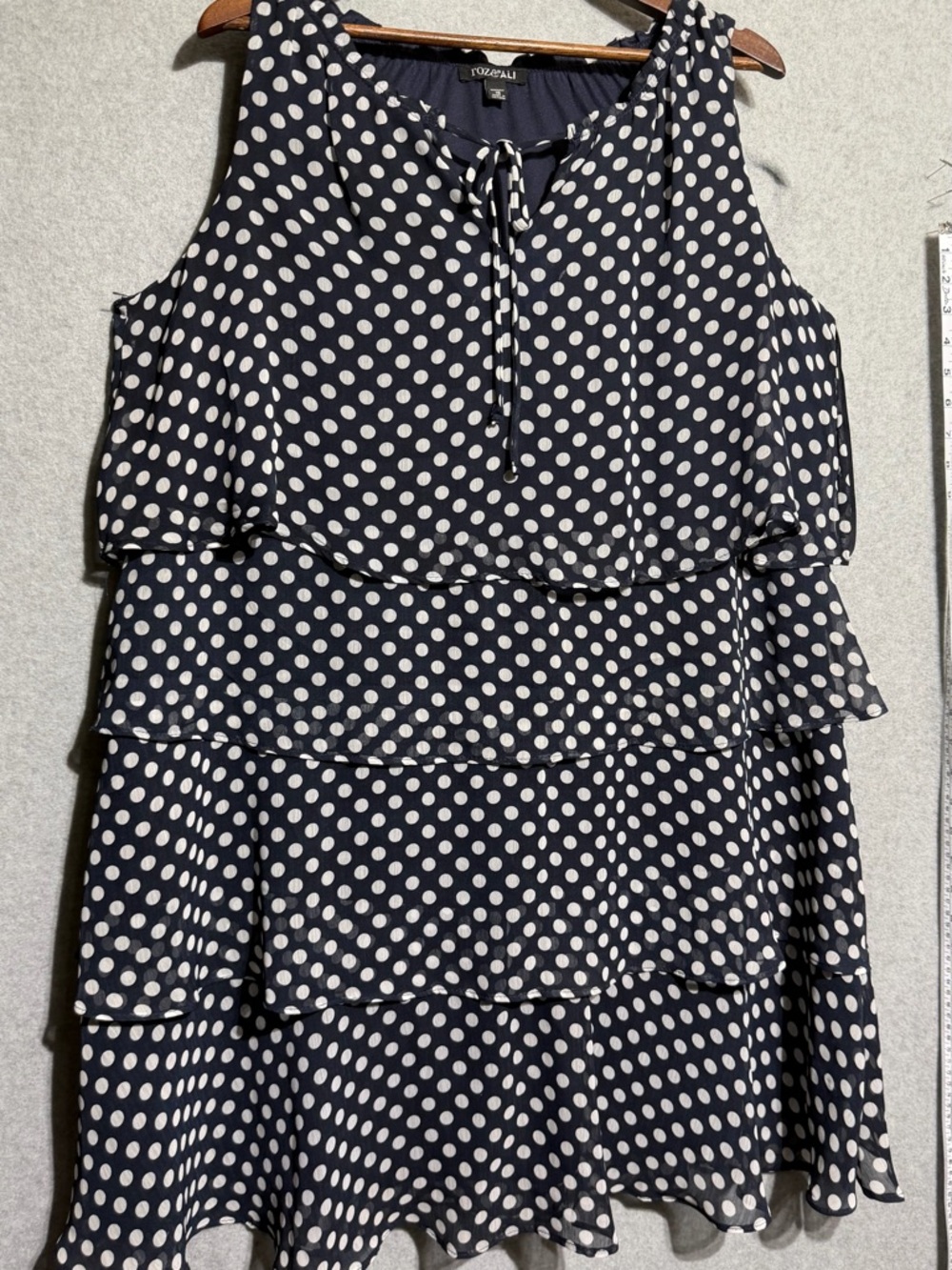 Roz & Ali Navy Sleeveless Tiered Dress with Polka Dot Detail